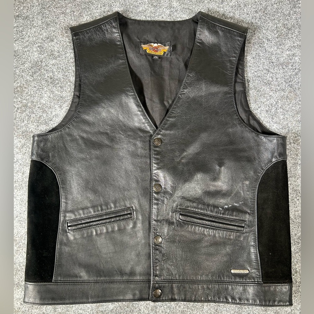 VTG Harley Davidson Vest Men’s Large Black Leather Snap Buttons Biker USA
